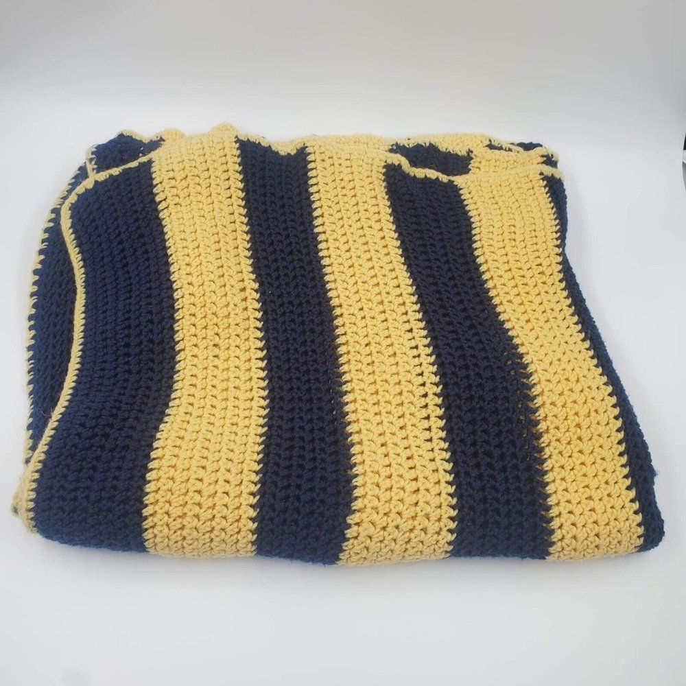 Striped Crochet Afghan Navy Yellow Uneven 67 in to 104 in Wide x 57 in Long SOFT